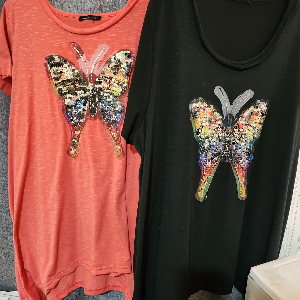2 For The Price Of 1!!!Sequin Butterfly T-Shirts in Coral and Black